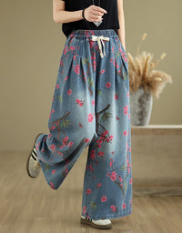 Casual Floral Cherry Blossom Wide Leg Denim Pants