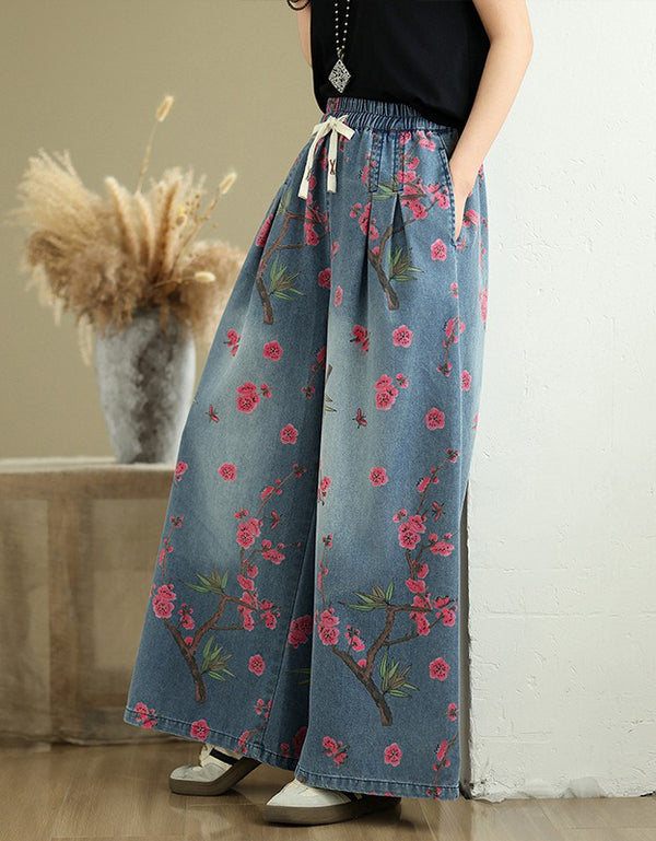 Casual Floral Cherry Blossom Wide Leg Denim Pants