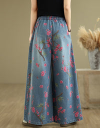 Casual Floral Cherry Blossom Wide Leg Denim Pants