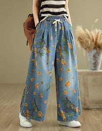Casual Floral Cherry Blossom Wide Leg Denim Pants
