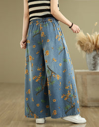 Casual Floral Cherry Blossom Wide Leg Denim Pants