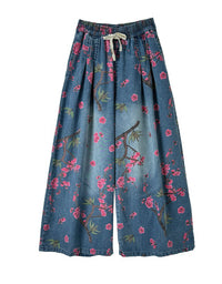 Casual Floral Cherry Blossom Wide Leg Denim Pants