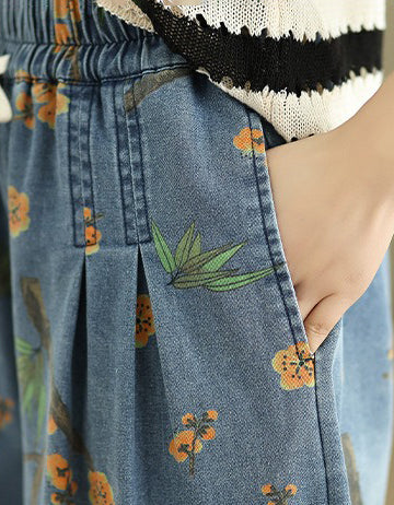 Casual Floral Cherry Blossom Wide Leg Denim Pants