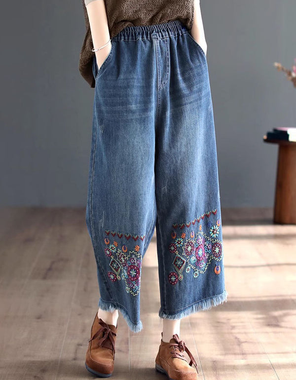 Women Embroidered Wide Leg Denim Pants Elastic Waist