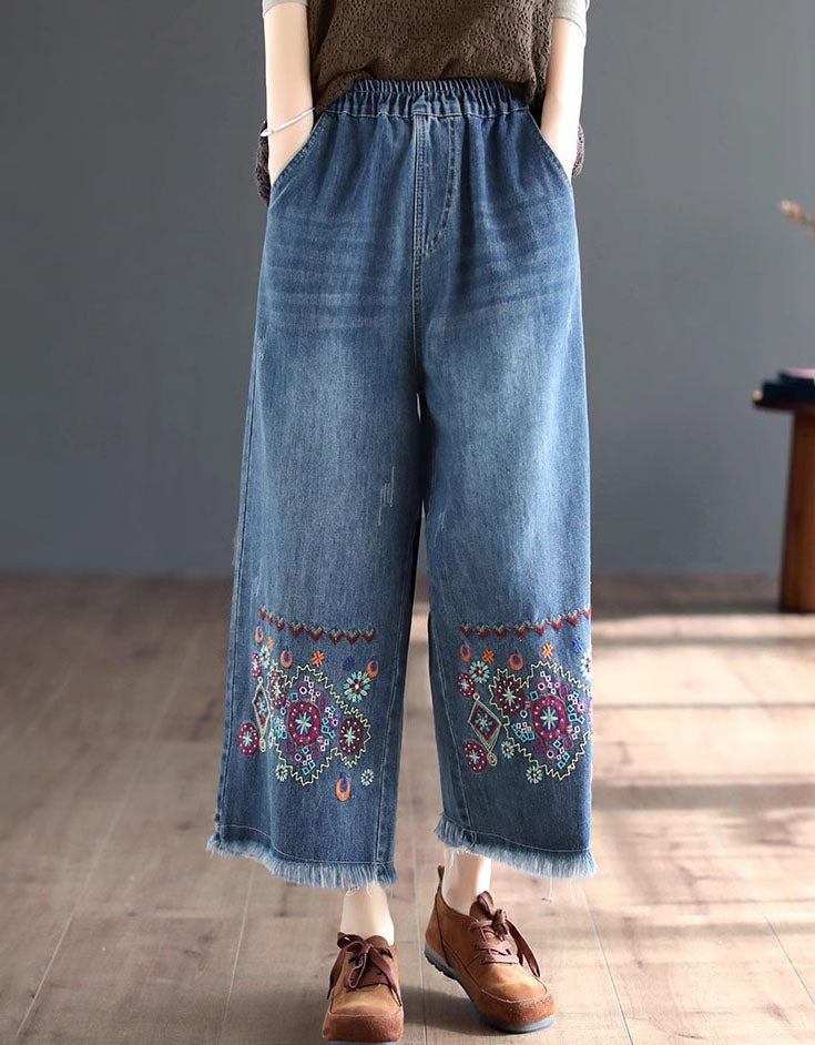 Boho Embroidered Wide Leg Jeans Women Loose Fit Denim