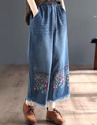 Vintage Embroidery Denim Pants Women Elastic Waist Wide