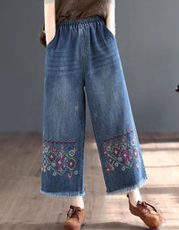 Casual Wide Leg Denim Pants Embroidered Loose Fit Women