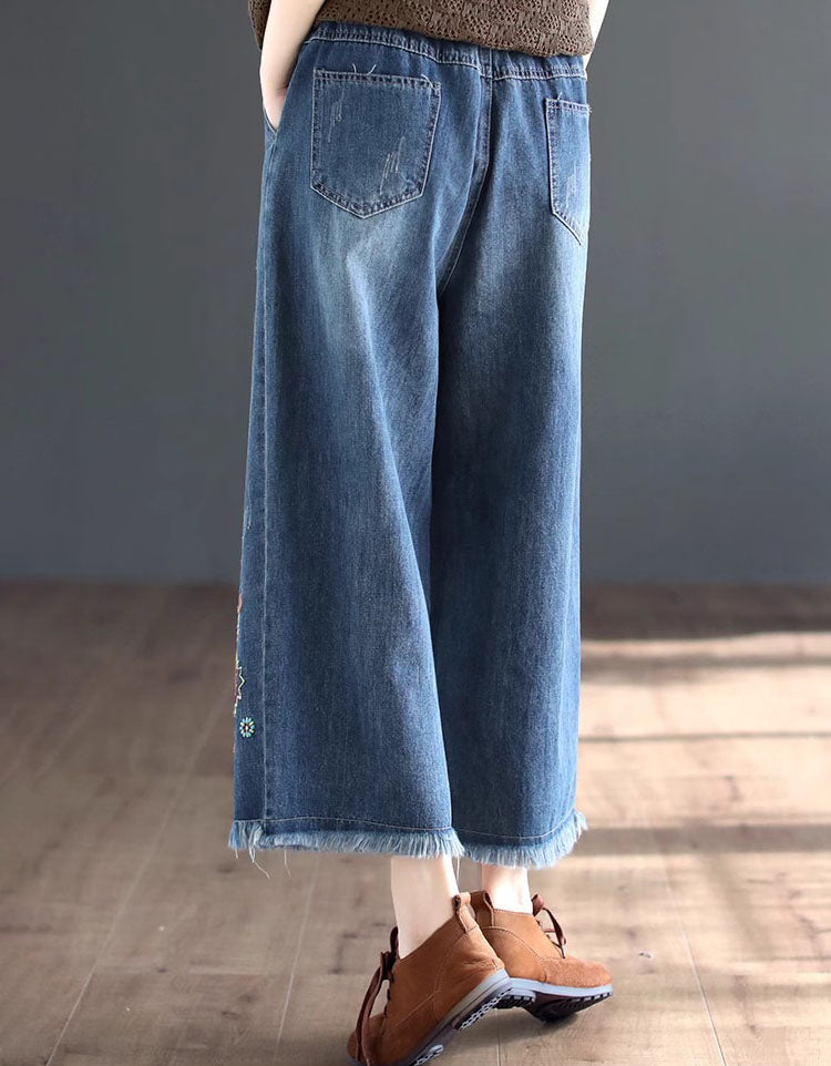 Bohemian Embroidered Jeans Wide Leg Elastic Waist Pants