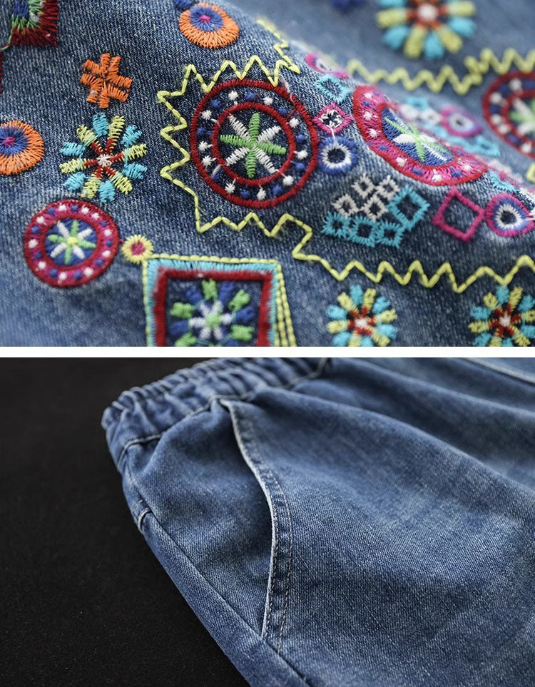 Loose Fit Embroidered Denim Pants Women Wide Leg Style