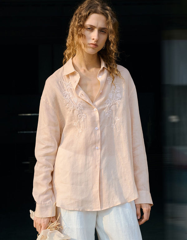 Floral Embroidered Linen Shirt for Women - Front View