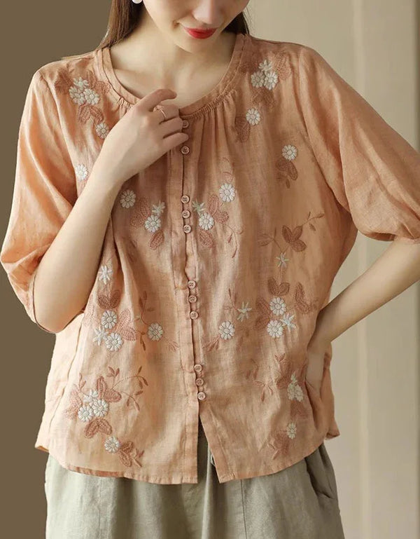 Casual Floral Embroidered Loose Linen Shirt - Islinen