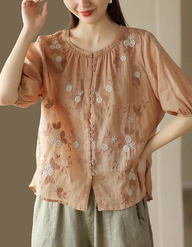 Casual Floral Embroidered Loose Linen Shirt - Islinen