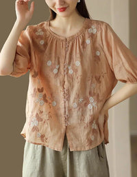 Casual Floral Embroidered Loose Linen Shirt - Islinen