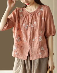 Casual Floral Embroidered Loose Linen Shirt - Islinen