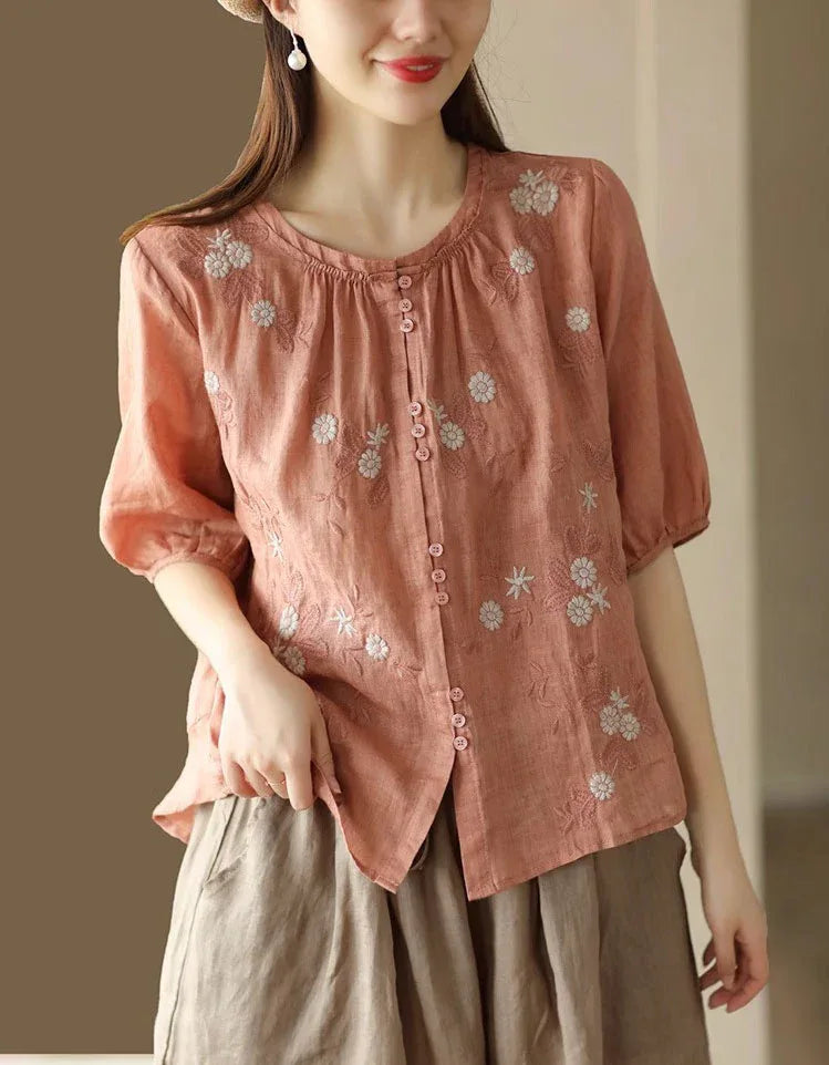 Casual Floral Embroidered Loose Linen Shirt - Islinen