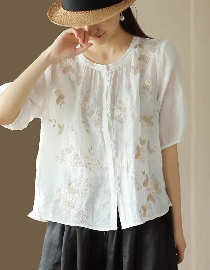 Casual Floral Embroidered Loose Linen Shirt - Islinen