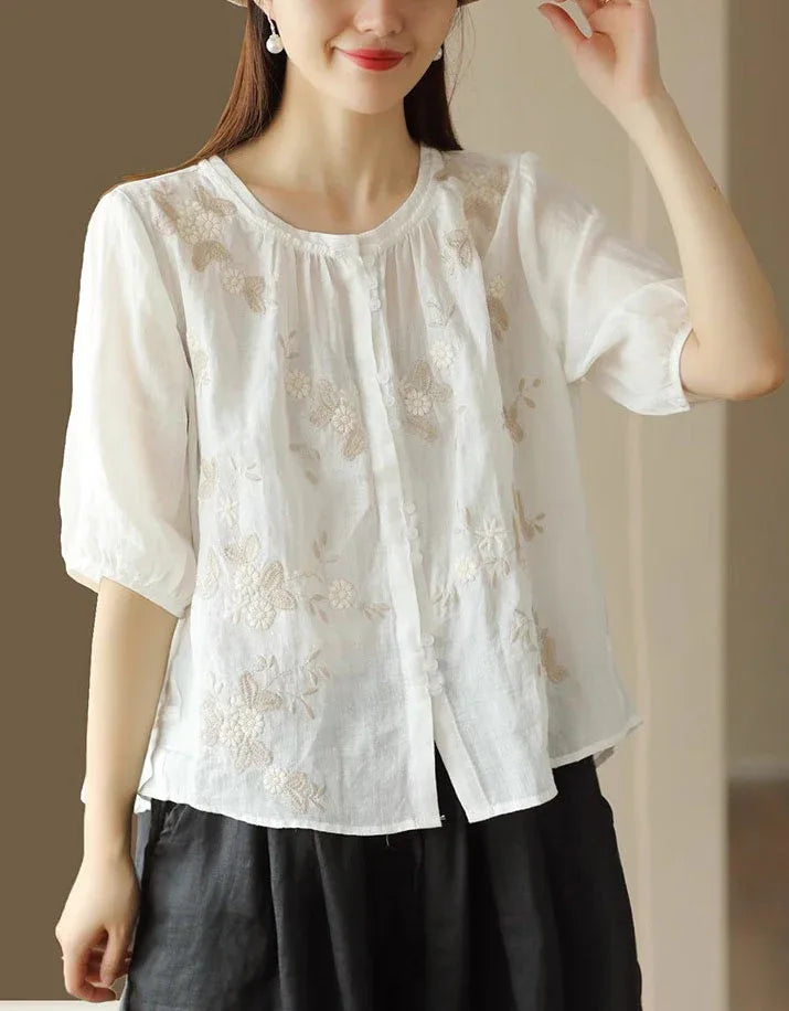 Casual Floral Embroidered Loose Linen Shirt - Islinen