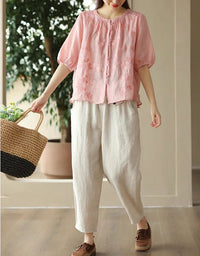 Casual Floral Embroidered Loose Linen Shirt - Islinen