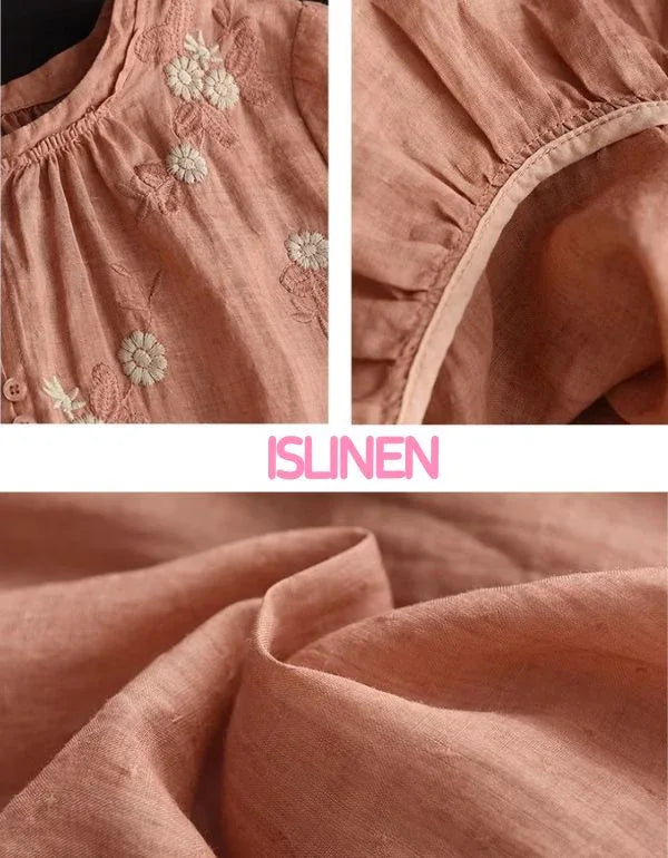 Casual Floral Embroidered Loose Linen Shirt - Islinen