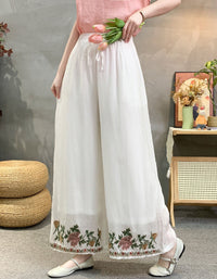 High waist white embroidered wide leg linen trousers with boho floral border design