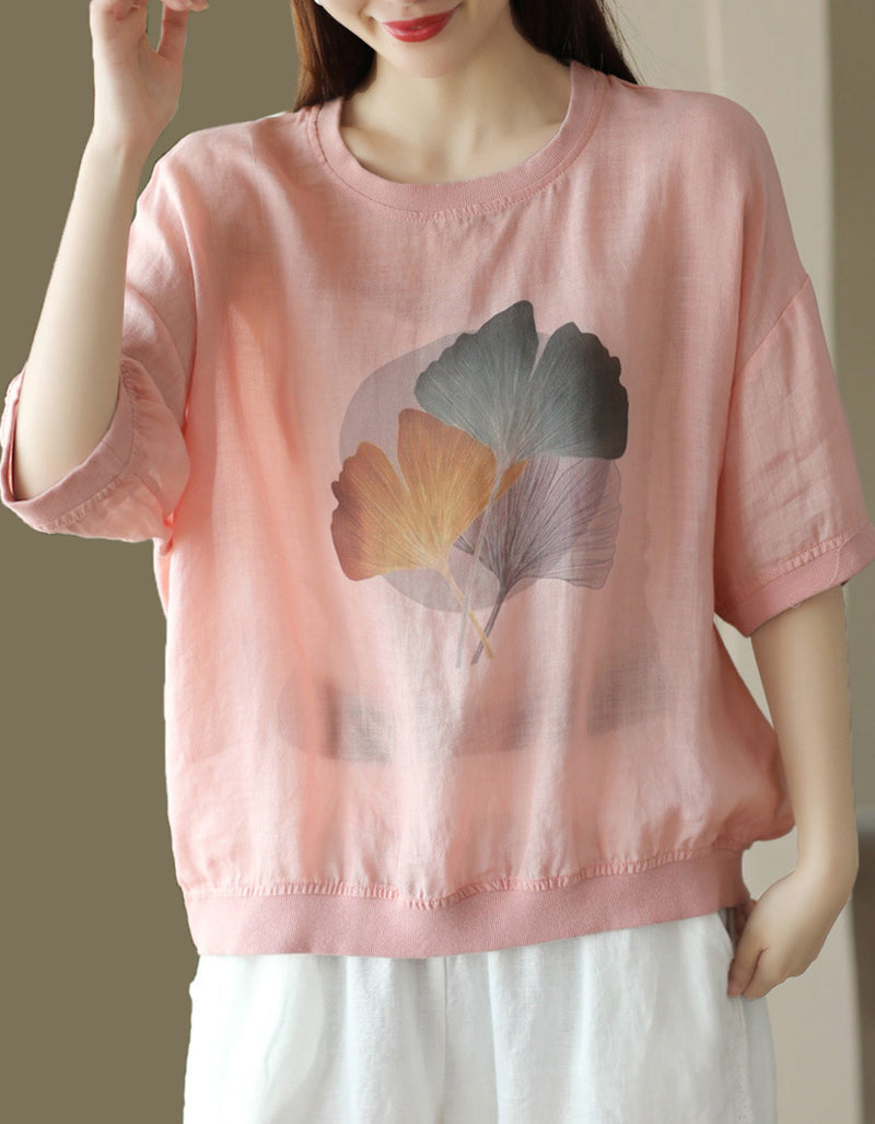 Casual Floral Inspired Loose Linen T-Shirt