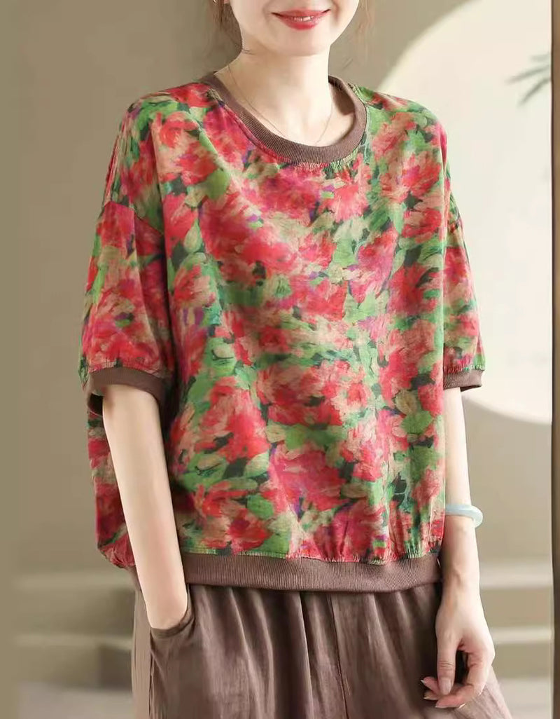 Casual Floral Lightweight Cotton Linen T-Shirt