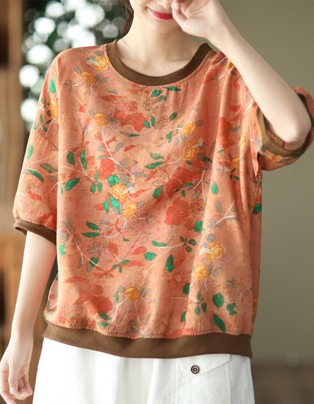 Casual Floral Lightweight Cotton Linen T-Shirt