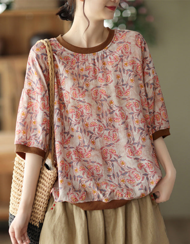 Casual Floral Lightweight Cotton Linen T-Shirt
