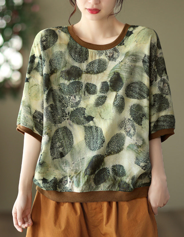 Casual Floral Lightweight Cotton Linen T-Shirt