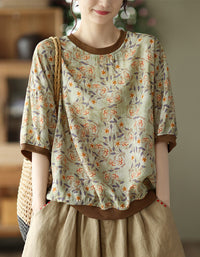 Casual Floral Lightweight Cotton Linen T-Shirt