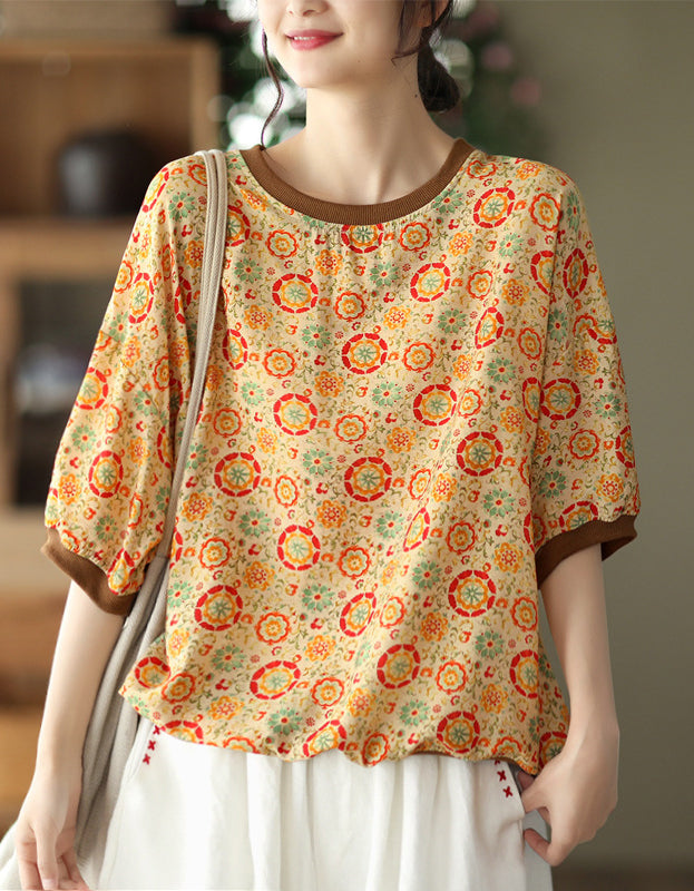 Casual Floral Lightweight Cotton Linen T-Shirt