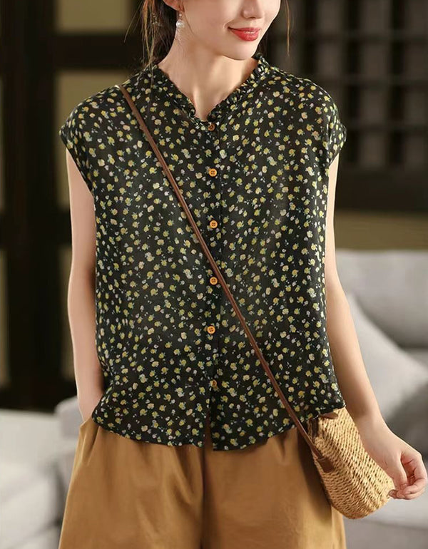 Casual Floral Pattern Sleeveless Shirt