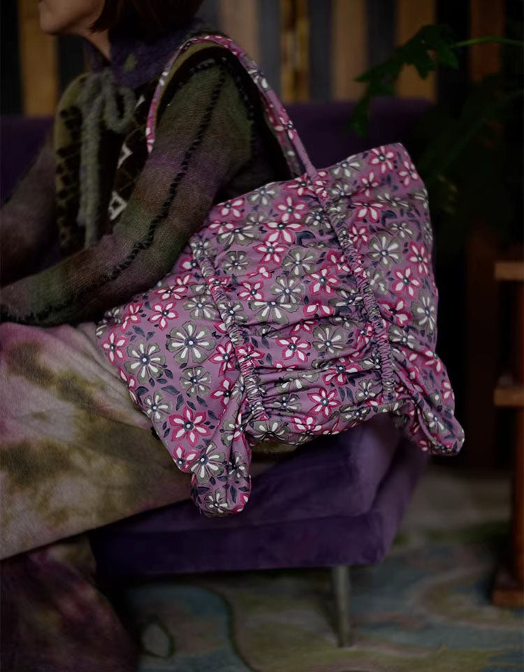 Floral ruched tote bag for women front view