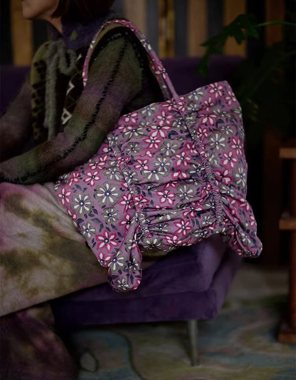 Floral ruched tote bag for women front view
