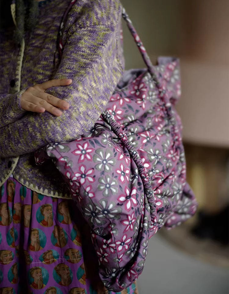 Boho floral ruched handbag on white background