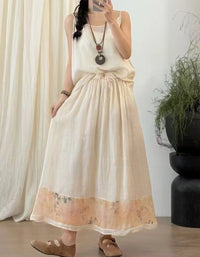 Casual Floral Trimmed Ramie Linen Skirt
