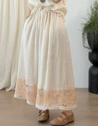 Casual Floral Trimmed Ramie Linen Skirt