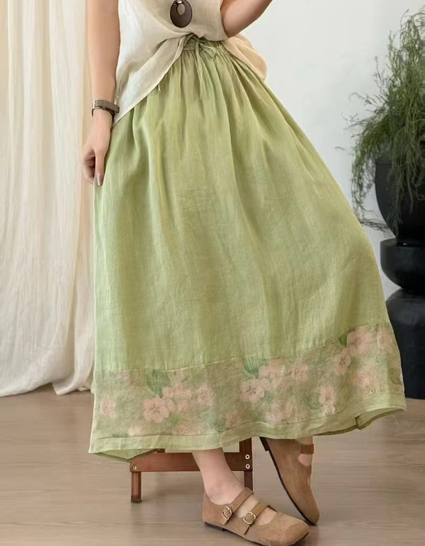 Casual Floral Trimmed Ramie Linen Skirt