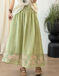Casual Floral Trimmed Ramie Linen Skirt