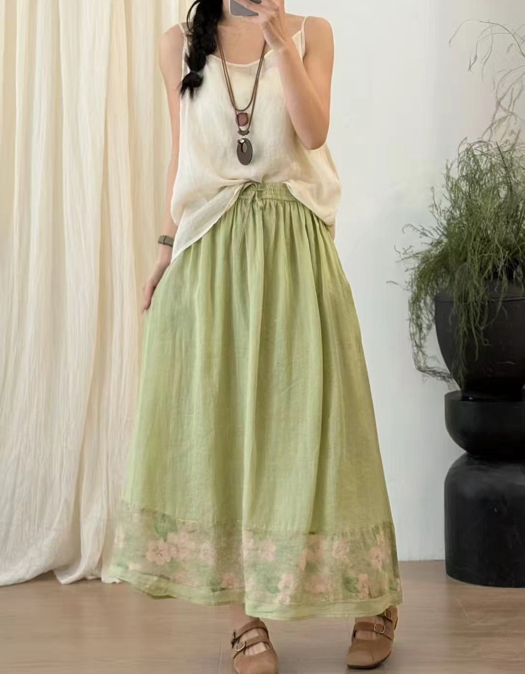 Casual Floral Trimmed Ramie Linen Skirt