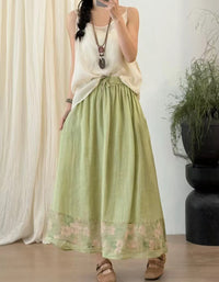 Casual Floral Trimmed Ramie Linen Skirt