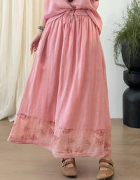 Casual Floral Trimmed Ramie Linen Skirt