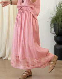 Casual Floral Trimmed Ramie Linen Skirt