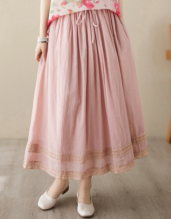 Casual Delicate Lace A-Line Cotton Linen Maxi Skirt