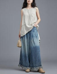 Fringe Hem Wide-Leg Denim Pants with Drawstring Waist