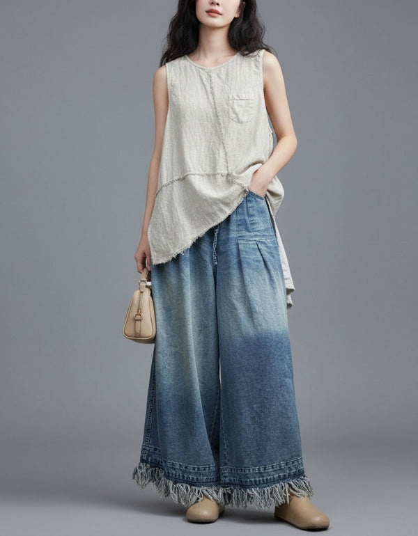 Fringe Hem Wide-Leg Denim Pants with Drawstring Waist