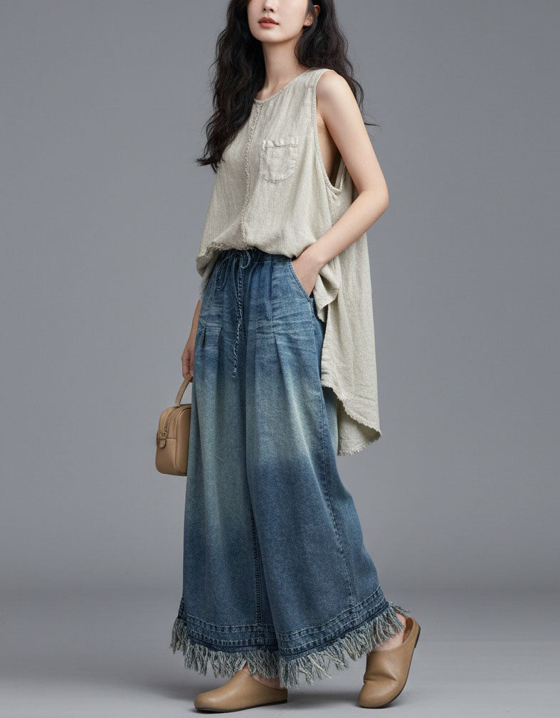 Comfortable drawstring waist wide-leg denim pants