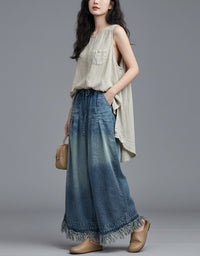 Comfortable drawstring waist wide-leg denim pants