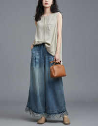 Fringe Hem Wide-Leg Denim Pants with Drawstring Waist