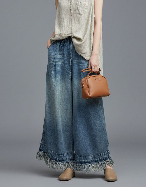 Fringe Hem Wide-Leg Denim Pants with Drawstring Waist